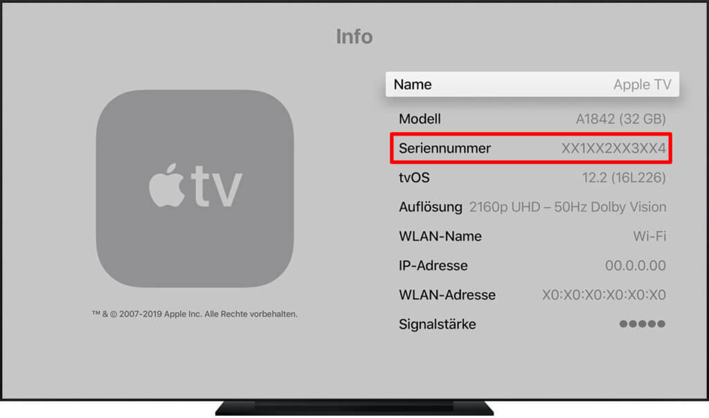 Die Apple TV Seriennummer suchen könnt ihr im Menü des Geräts in den Einstellungen.