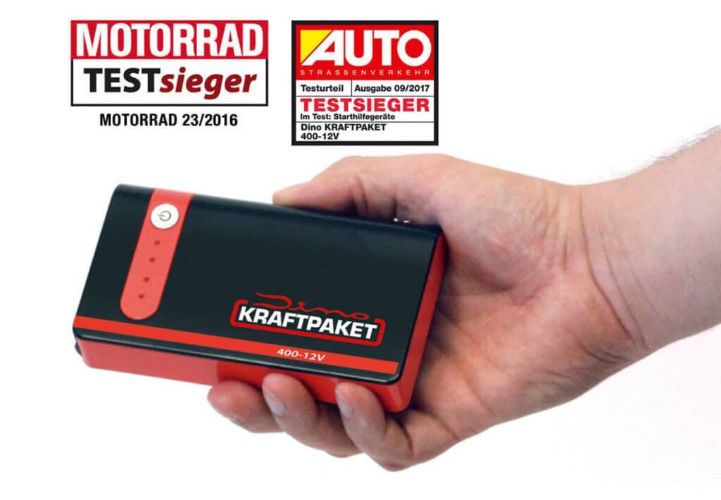 Das Dino Kraftpaket 400-12V ist zweimal Testsieger geworden und liegt auch aktuell mit sehr vielen 4 und 5 Sterne-Bewertungen bei Amazon bei den am besten bewerteten Starthilfe-Powerbanks.