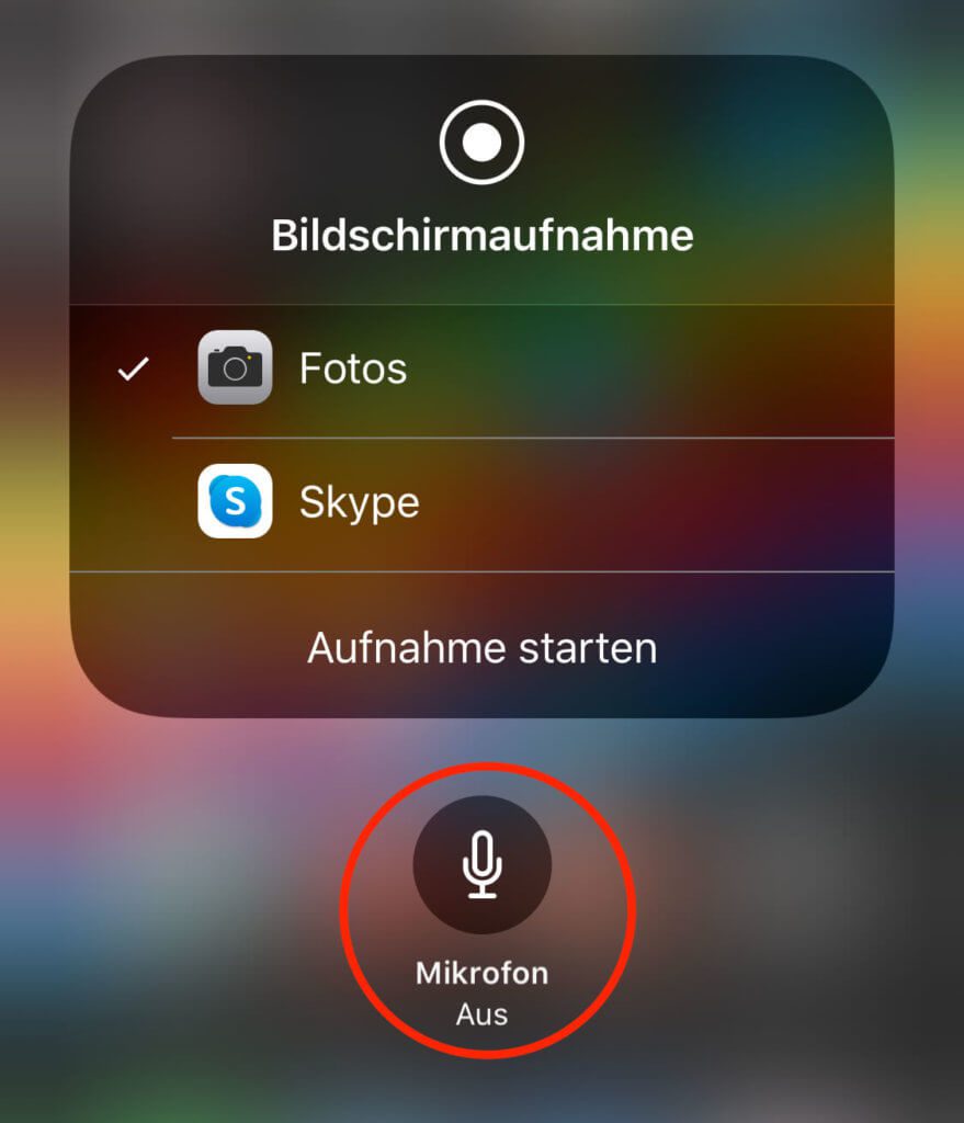 Drückt man länger auf den Aufnahme-Button der Bildschirmaufnahme, kann man als Audioquelle für das Screenrecording auch das interne Mikrofon des iPad oder iPhone auswählen.