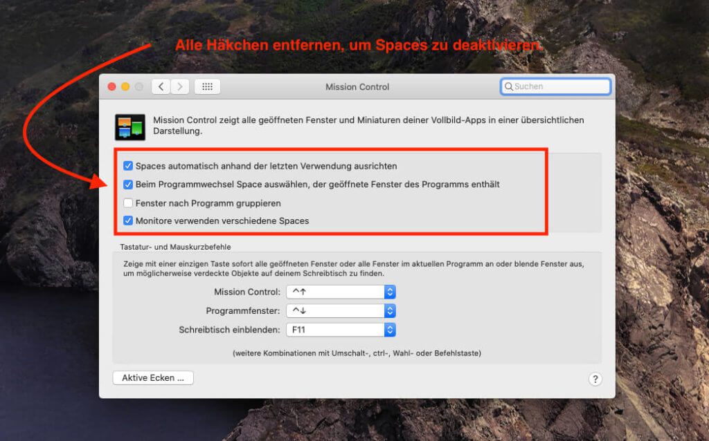 Möchte man das Feature Spaces unter macOS Catalina abschalten, sollte man alle Checkboxen in den Systemeinstellungen von Mission Control deaktivieren.