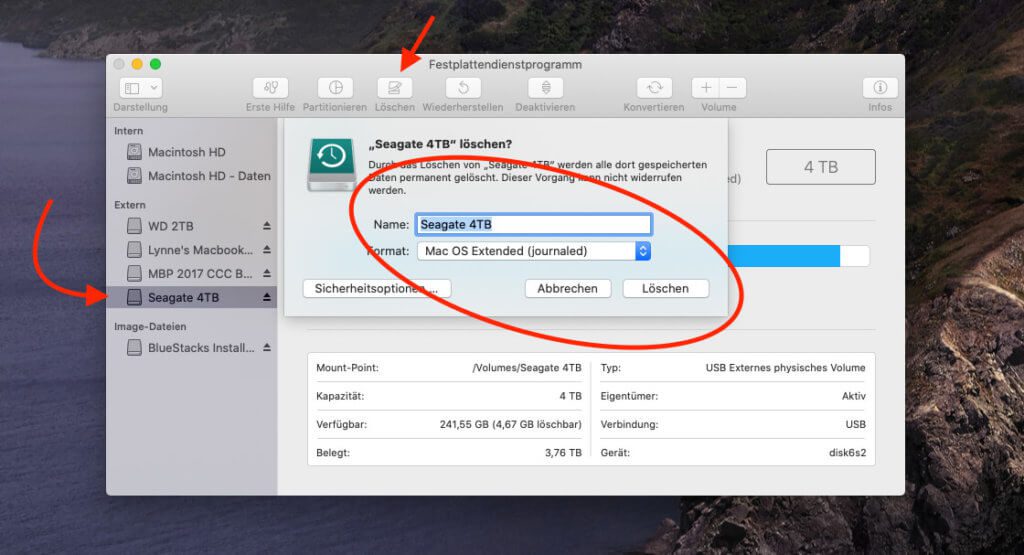 Da die externen Festplatten vom Hersteller aus meistens in ExFAT formatiert sind, sollte man sie vor der Verwendung in Mac OS Extended umformatieren.