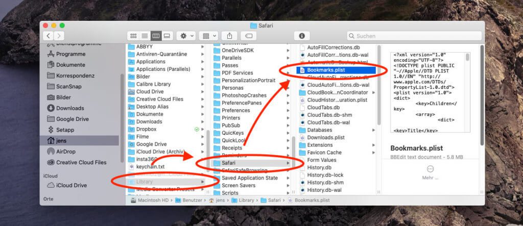 Hier sieht man die Ordnerstruktur über die man die Bookmarks.plist Datei findet.