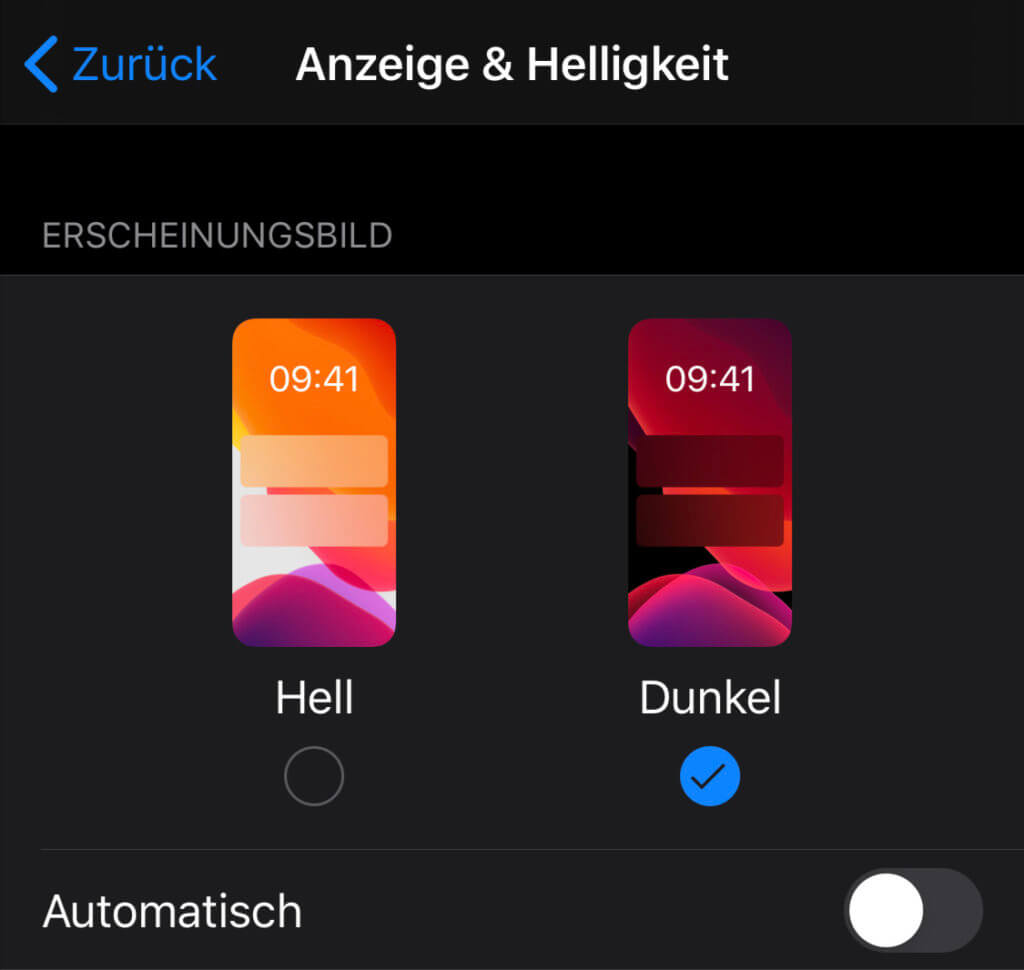 Der iPhone Dunkelmodus wird unter iOS 13 in den Einstellungen aktiviert bzw. deaktiviert.