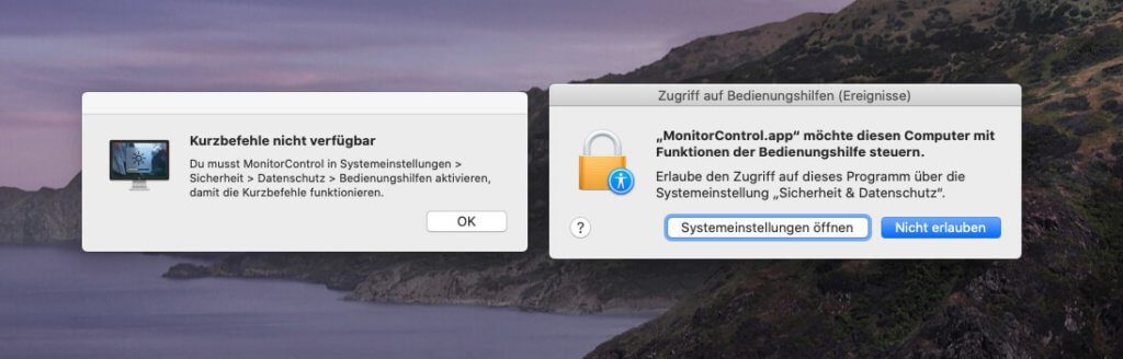 Wenn die App unter macOS Catalina noch nicht die erforderlichen Recht hat, weist sie mit entsprechenden Fenstern darauf hin.