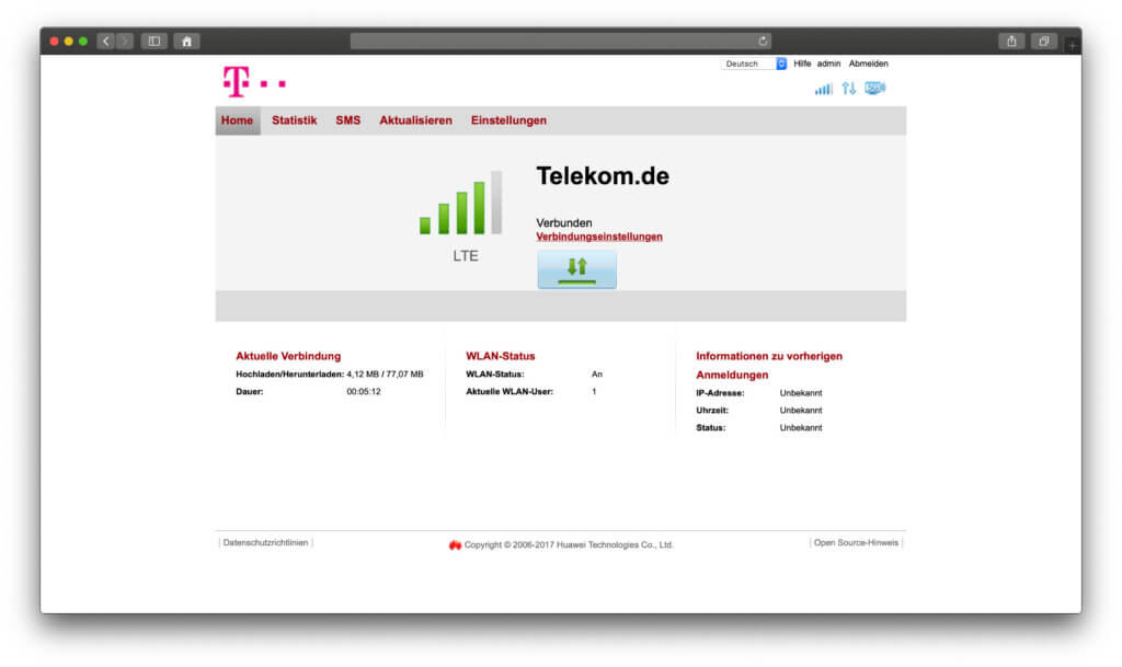 Mal wurde LTE als Signalstärke angezeigt, mal empfing die Telekom Speedbox LTE IV auch LTE+. Die Verbindung ist zum Arbeiten und auch für Videos oder Streams ausreichend.