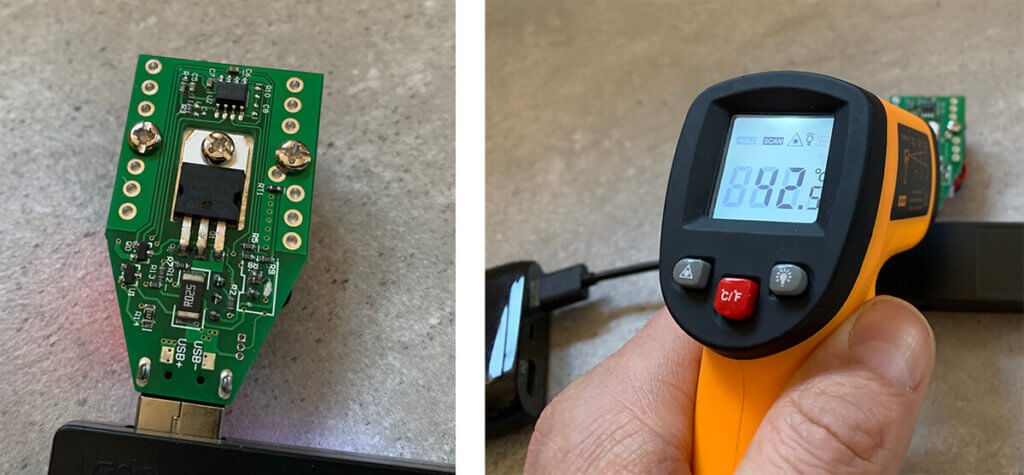 Im linken Bild sieht man das grosse elektronische Bauteil, das den Strom in Wärme umwandelt. Durch die aktive Kühlung mit Kühlblech und Lüfter steigt die Temperatur jedoch nicht über 50 Grad Celsius an.