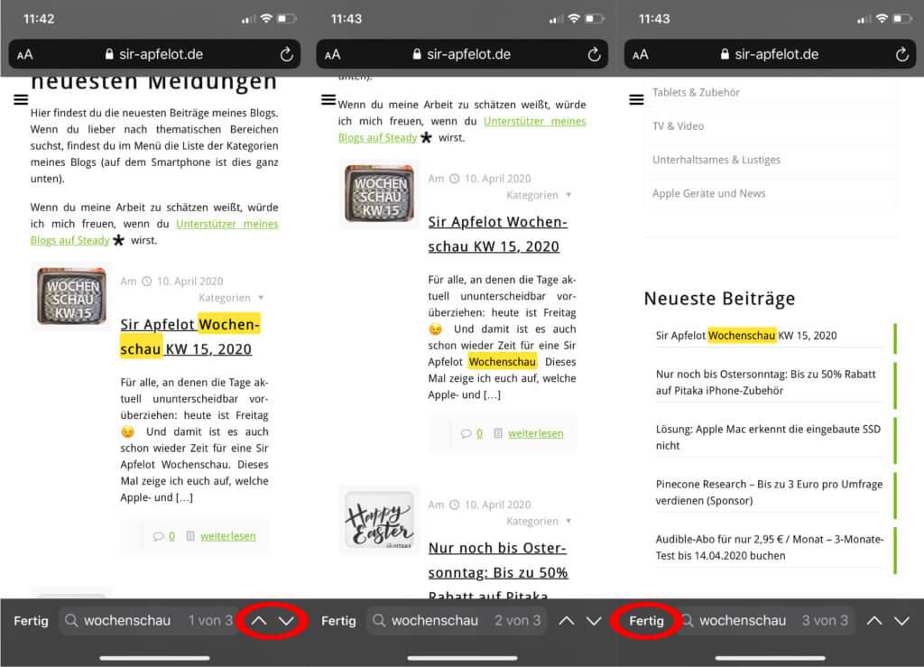 Mit den Pfeilen könnt ihr zwischen den Suchergebnissen hin- und her springen. Mit "Fertig" beendet ihr die Safari-Suchfunktion am iPhone und iPad.