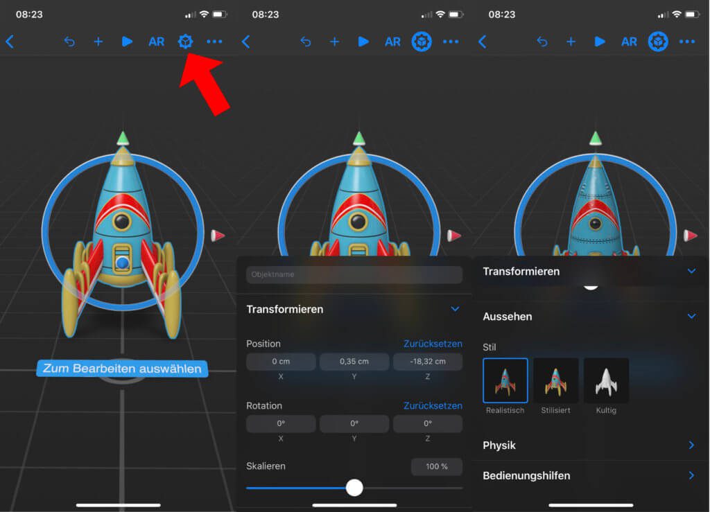 Wenn ihr mit den Standard-Eigenschaften des Objekts zufrieden seid, könnt ihr diesen Schritt der Apple Reality Composer Anleitung auch übergehen.