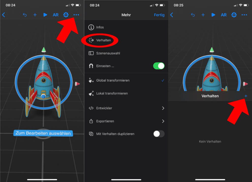 Fügt ein Verhalten hinzu, damit das platzierte Objekt später in der Augmented Reality auch etwas macht – ansonsten steht es nur herum.