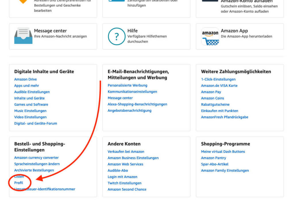 Euer Amazon Profil könnt ihr direkt über die Hauptseite eures Amazon-Kontos finden – ganz unten im Kasten "Bestell- und Shopping-Einstellungen".