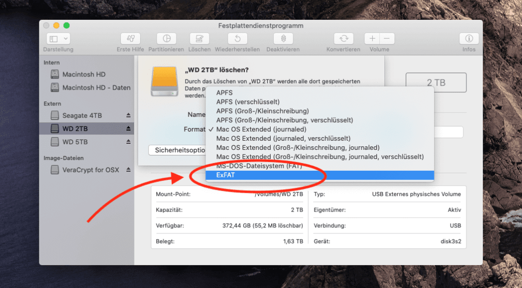 Im Festplattendienstprogramm (in Programme > Dienstprogramme zu finden) kann man einen Datenträger im ExFat-Format initialisieren.