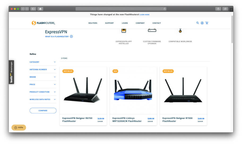 Im FlashRouters Shop gibt es VPN-geflashte Router für LAN und WLAN. Ein paar Modelle sind mit ExpressVPN ausgestattet.