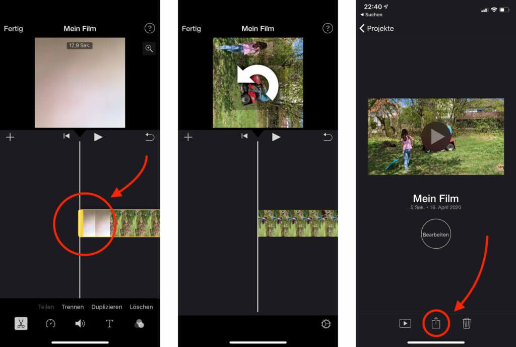 Die Bearbeitung in Kurzform: Trimmen, Drehen, Teilen – so klappt es mit iMovie auf dem iPhone.