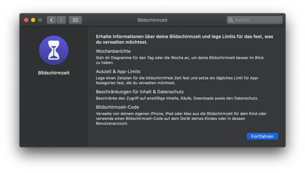 Beim Einrichten der Bildschirmzeit am Apple Mac begrüßt euch ein Einführungstext, der bereits die wichtigsten Funktionen erklärt. Bildschirmzeit ist ab macOS 10.15 Catalina verfügbar.