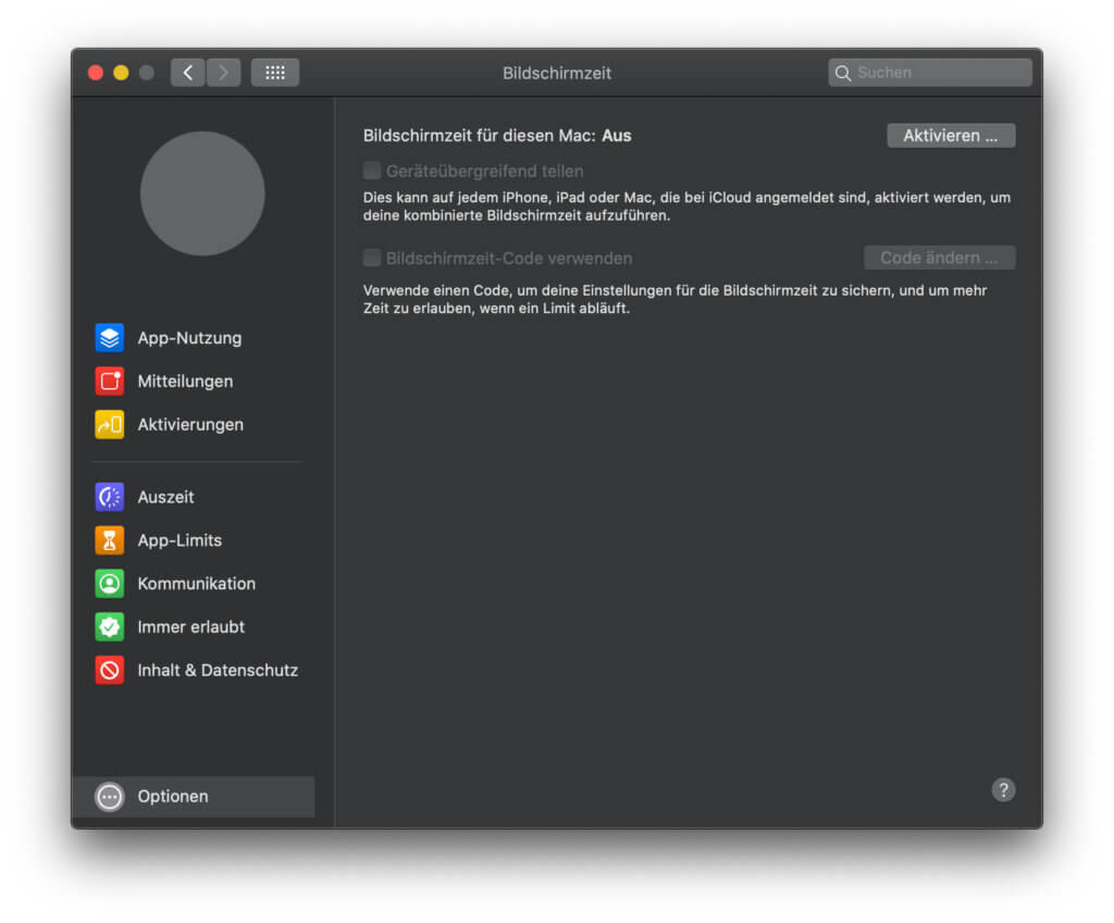 Habt ihr die obigen Schritte durchexerziert, seht ihr dieses Fenster. Zum Aktivieren von Bildschirmzeit müsst ihr noch den Button oben rechts klicken.