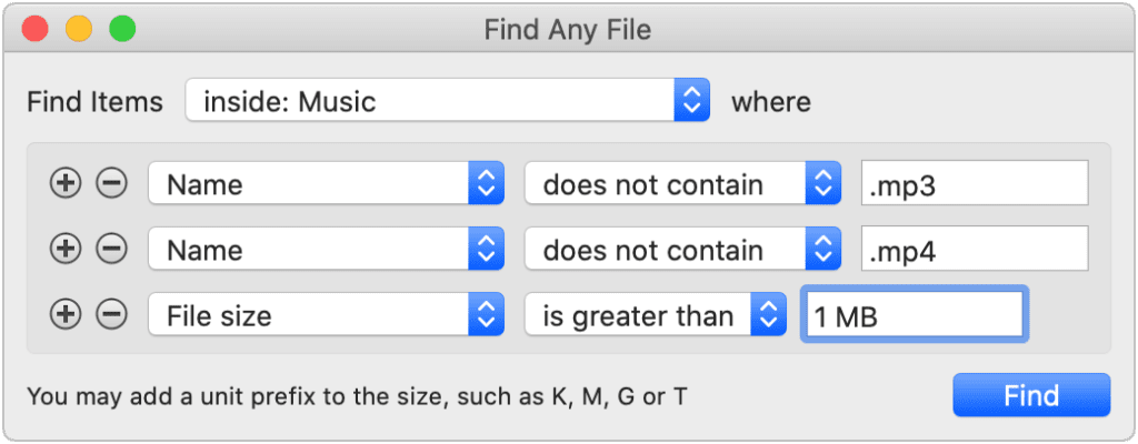 Beispiel für die Suche nach Musikdateien über das Ausschlussverfahren.