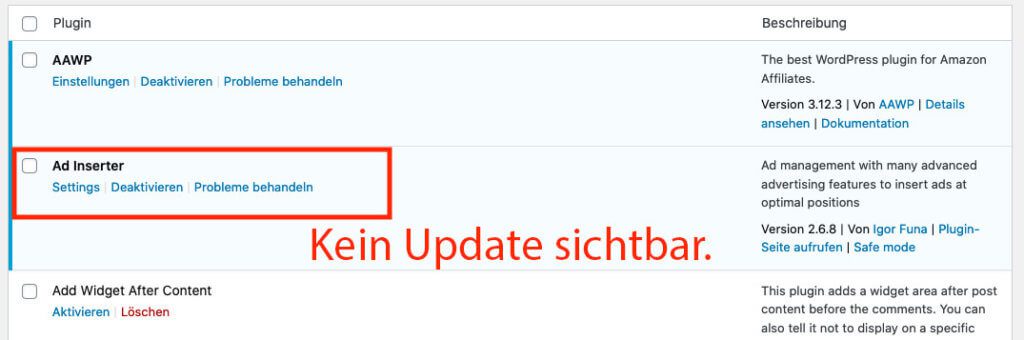 Nachdem der Code eingefügt ist, zeigt das Plugin im Wordpress-Admin kein verfügbares Update mehr an.