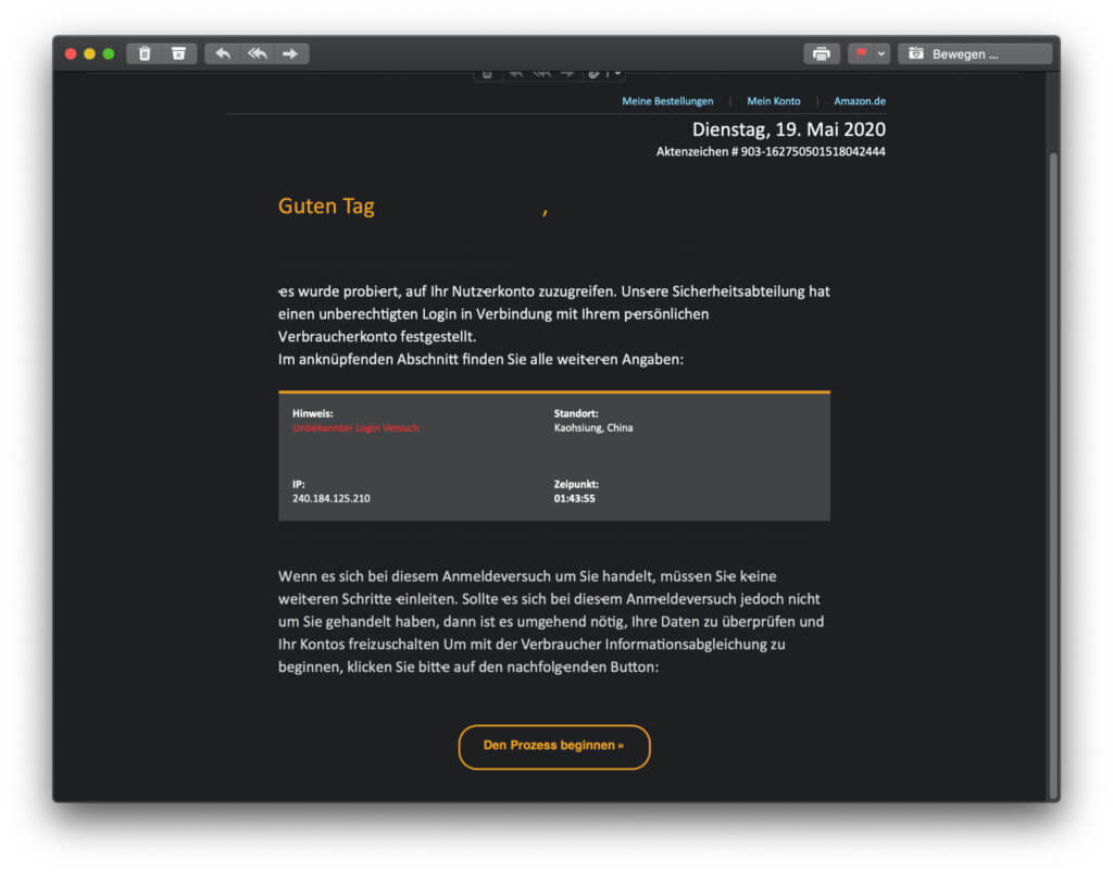 Die Phishing-Mail im Namen von Amazon ging bei mir am 19. Mai 2020 ein. Typische sowie offensichtliche Fehler entlarven sie als Betrug, der dem Datenklau dienen soll.