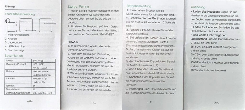 BlitzWolf BW-FYE8 True Wireless Kopfhörer: Bedienungsanleitung auf Deutsch zu Pairing, Tastenbelegung und ähnlichem.