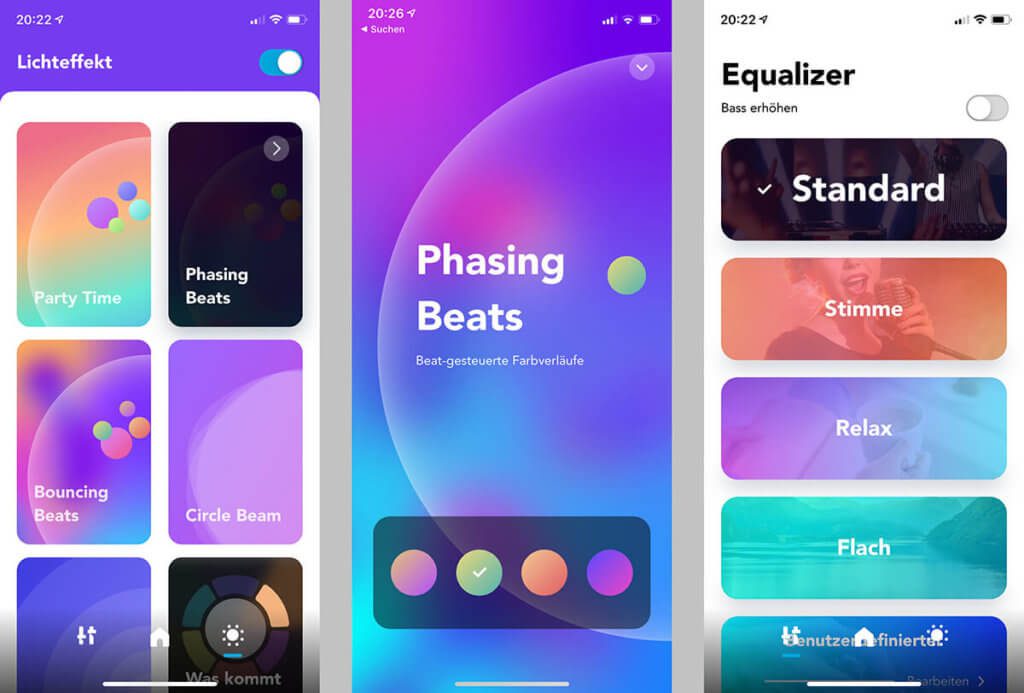 Über die App lassen sich die LED-Effekte und die Einstellungen des Equalizers steuern. Die Umsetzung ist wirklich gut gemacht und intuitiv bedienbar.