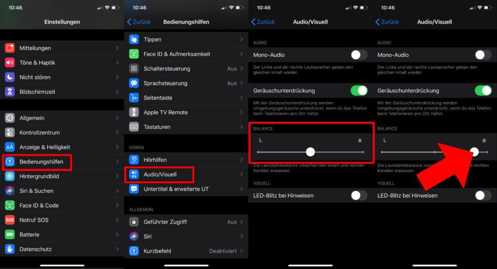 Screenshot-Anleitung für die iOS-Einstellungen, Bedienungshilfen und das Audio/Visuell Menü. Dort findet ihr den Balance-Regler fürs iPhone.