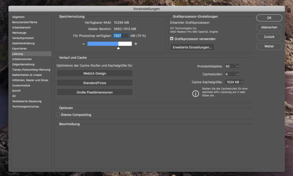 Im Menü "Leistung" der Photoshop-Voreinstellungen lassen sich einige Sachen verändern, die sonst Einfluss auf die Performance haben. Im aktuellen Fall hilft jedoch nichts, was man hier ausprobiert.