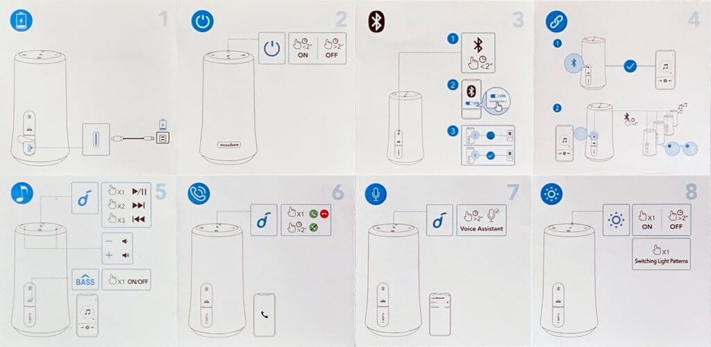 Hier findet ihr die Quickstart-Anleitung des Soundcore Flare 2 als Foto. Die meisten Einstellungen kann man jedoch auch über die App vornehmen.