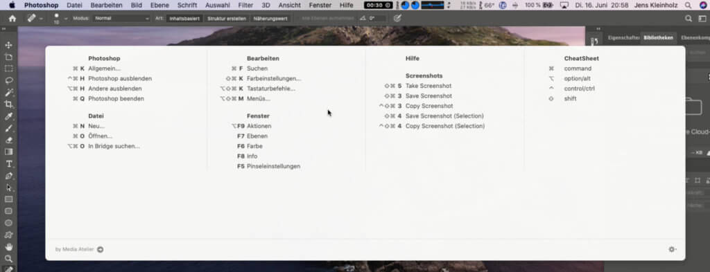 Wenn man in Photoshop noch nicht einmal ein Dokument geöffnet hat, ist die Menge an Shortcuts überschaubar, weil man nicht viel machen kann und die Werkzeuge alle inaktiv sind.