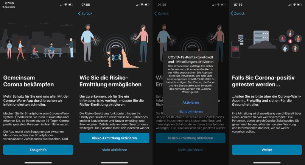 Nach der Installation der Corona-Warn-App wird man als Nutzer/in durch die Funktionen und Nutzung geführt. Hier die iOS-Version; ähnlich ist es aber auch in der Android-Version der deutschen Coronavirus App.