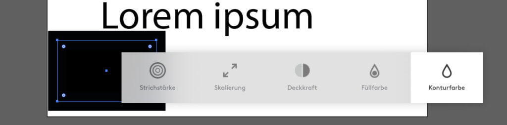 In Illustrator lässt sich bei einem markierten Objekt Strichstärke, Skalierung, Deckkraft, Füllfarbe und Konturfarbe verändern.