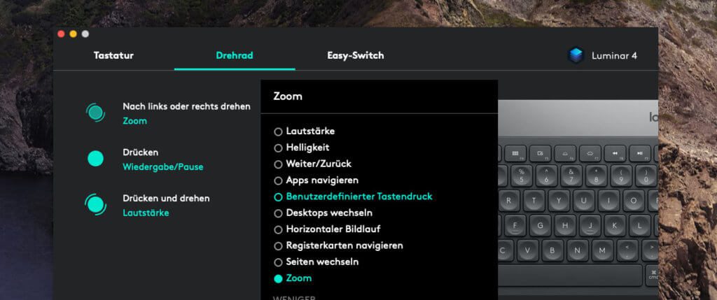 Die Software von Logitech bietet für jede Taste und den Drehknopf zahlreiche Möglichkeiten zur Belegung.