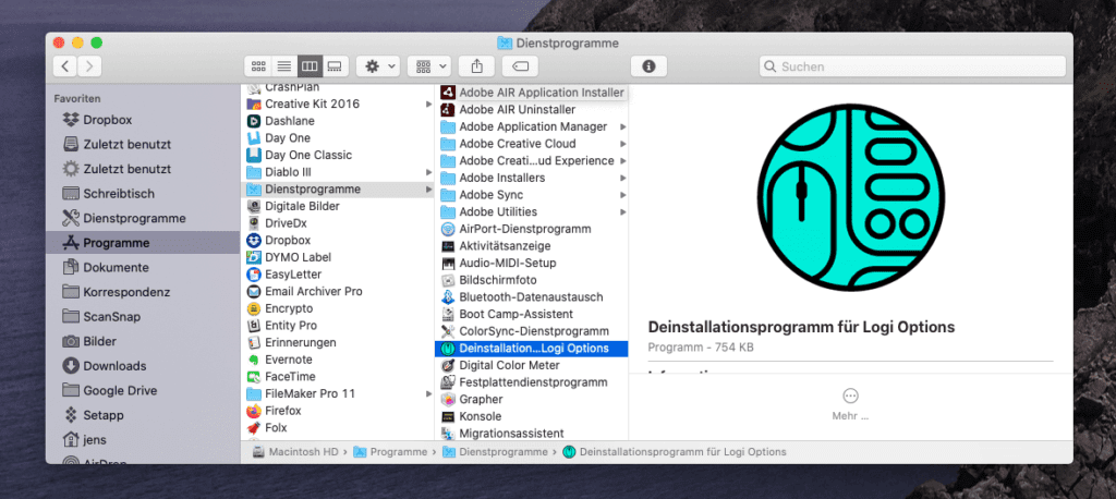 Das Deinstallationsprogramm für die Konfigurationssoftware Logi Options findet man am Mac in den Dienstprogrammen.