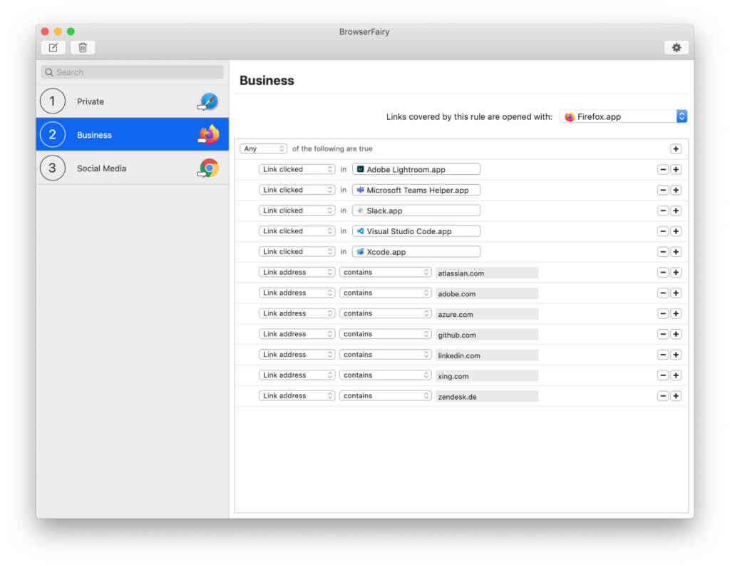 Mit BrowserFairy 2 könnt ihr am Apple Mac Regeln festlegen, um Links bzw. URLs, die bestimmte Seiten enthalten, in zugeteilten Browsern zu öffnen – Safari, Firefox, Chrome und mehr. Zudem könnt ihr festlegen, dass ein bestimmter Webbrowser genutzt werden soll, wenn Links aus dieser oder jener App geöffnet werden; Slack, Xcode, Teams, etc. Screenshot: Webseite der App