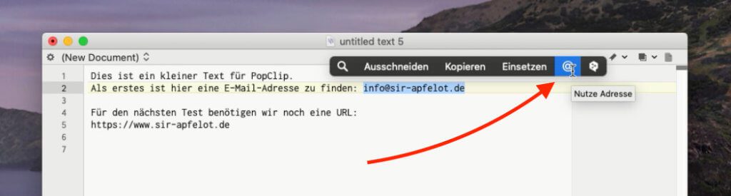 Markiert man eine E-Mail-Adresse, kann man mit PopClip direkt eine neue Mail starten, ohne den Umweg über Kopieren, Mailprogramm öffnen, neue E-Mail anfangen und Mail-Adresse einfügen gehen muss.