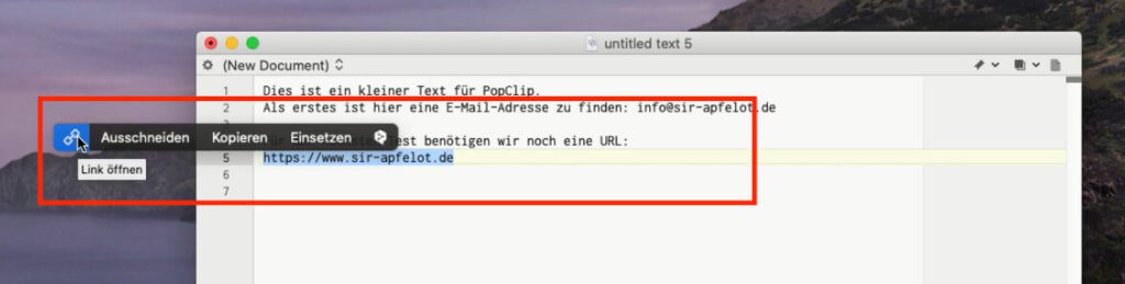 Markiert man eine Internetadresse, erscheint im PopClip Menü das Kettensymbol, um den Link direkt im Browser zu öffnen.