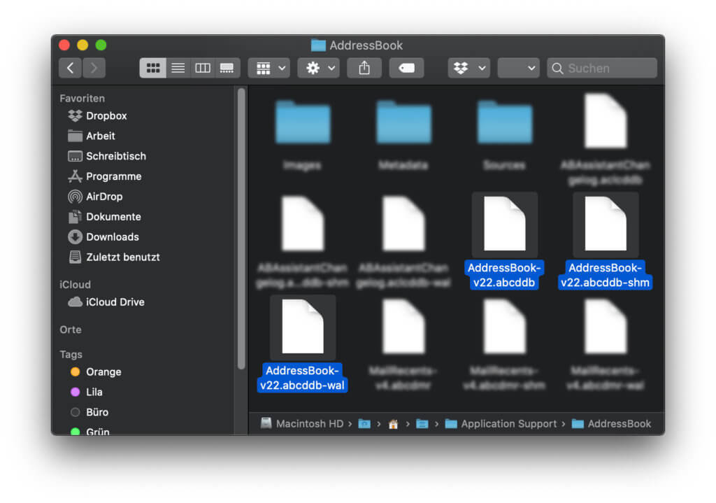 Diese drei Dateien müsst ihr löschen, damit die Kontakte-Datenbank am Mac neu erstellt wird. Zuvor lässt sich ein Backup des ganzen Ordners machen.