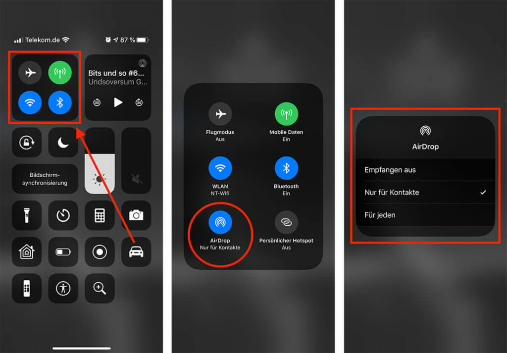 Hier sieht man, wie man bei iOS und iPadOS über das Kontrollzentrum zu den AirDrop-Einstellungen kommt.