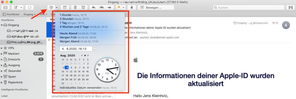 Über die Snooze-Funktion von Mailbutler lassen sich Mails beliebig lange ausblenden. Wenn die Zeit gekommen ist, erscheinen sie dann als ungelesene Mail im Posteingang.