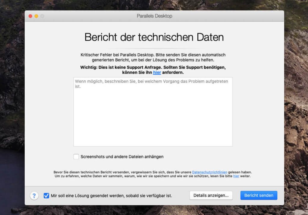 Mit diesem Absturzbericht bergrüßt mich Parallels Desktop seit ca. ein bis zwei Wochren regelmässig, wenn die Software eine Zeit im Hintergrund lief und ich mit anderen Programmen gearbeitet habe.