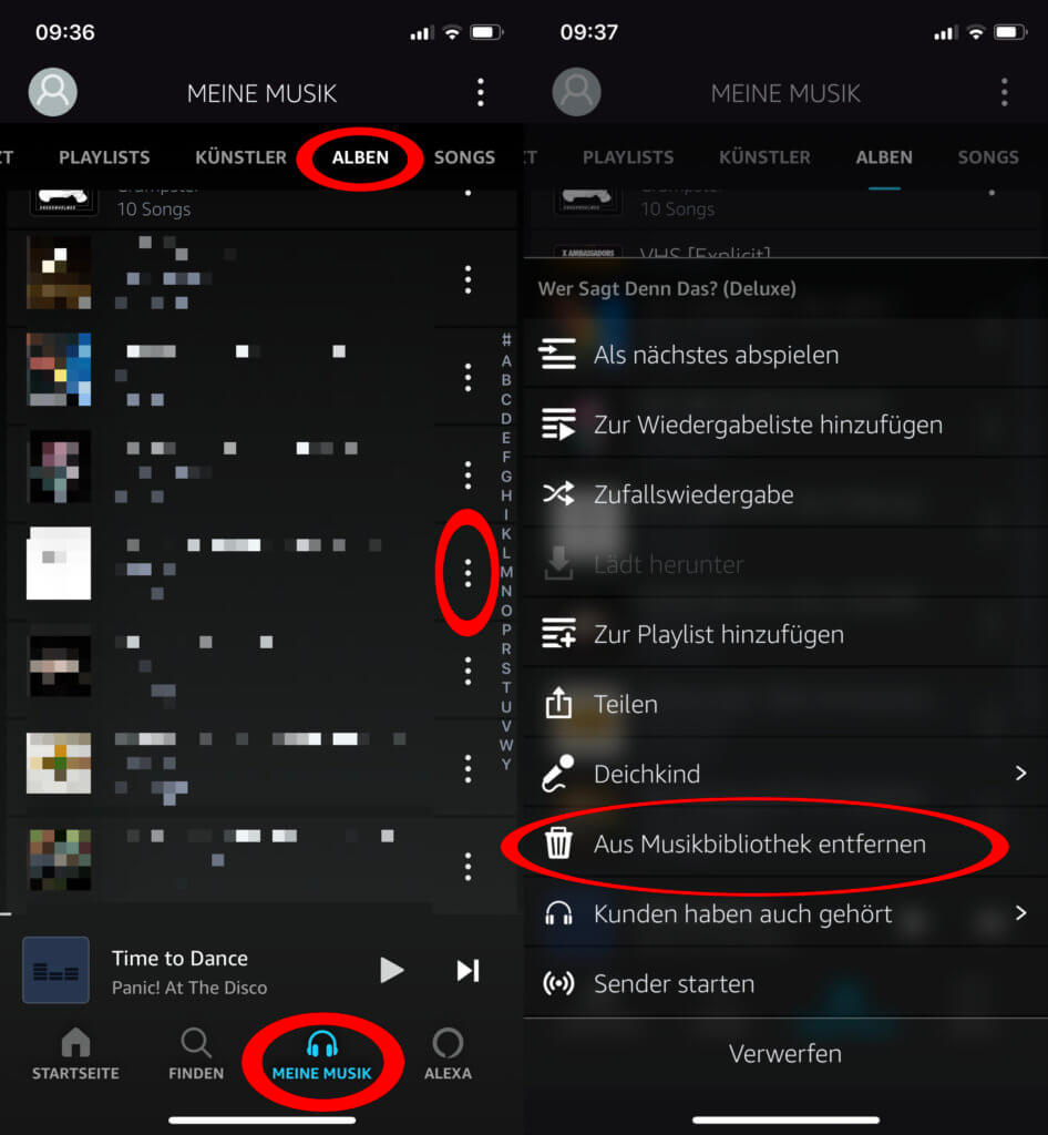 Wenn ihr ein Album aus der Übersicht der Amazon Music App entfernen wollt, geht das wie oben gezeigt über Meine Musik -> Alben -> Aus Musikbibliothek entfernen.