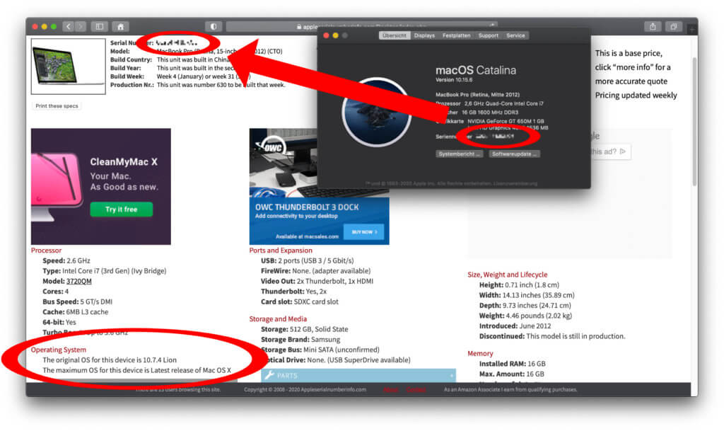 Mit der Webseite von Apple Serial Number Info findet ihr alle möglichen technischen Daten eures Mac mit der Seriennummer. Auch das zuletzt kompatible Betriebssystem.