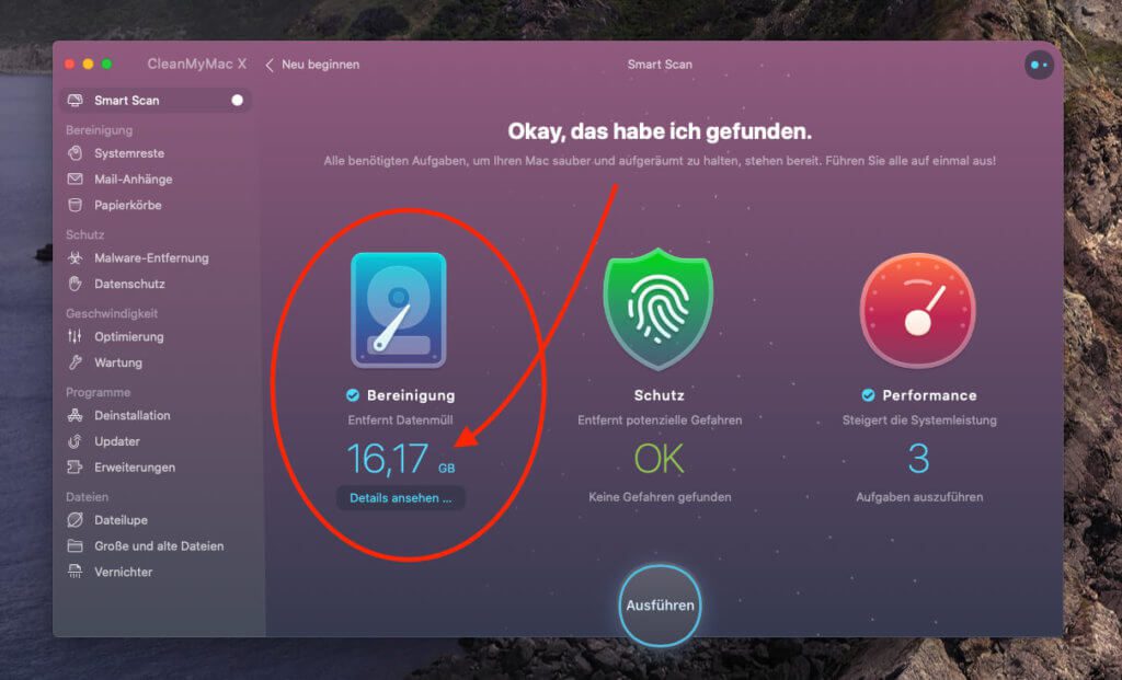 Mit nur einem Klick spart mir CleanMyMac über 16 GB an Festplatten-Speicher – besser geht es kaum.