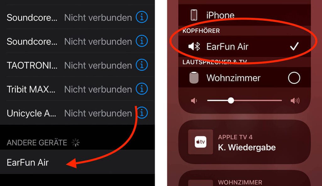 Das Pairing ist sehr einfach und schon nach wenigen Sekunden erscheinen die EarFun Air in der Liste der Wiedergabe-Möglichkeiten.
