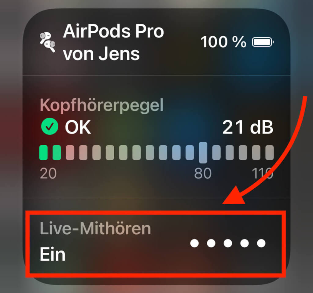 Über die Funktion "Live-Mithören" ermöglicht das Prüfen der Umgebungslautstärke über die Zeit.