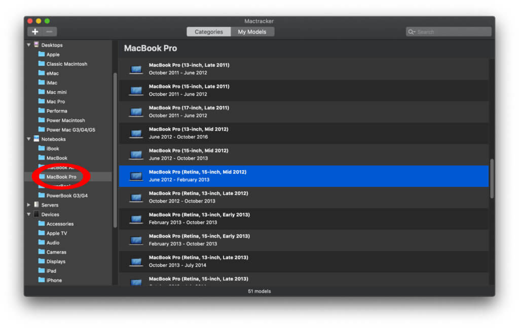 In der Mactracker App findet ihr alle Apple-Geräte vom Apple I bis zum iPhone 11 Pro Max. Die Computer findet ihr unter "Desktops" und "Notebooks".