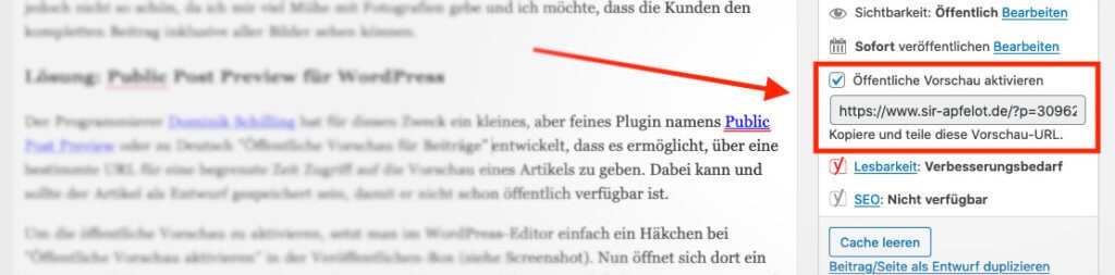 Aktiviert man die öffentliche Vorschau, erstellt das Plugin im Textfeld eine URL, mit der man die Beitragsvorschau mit anderen teilen kann.