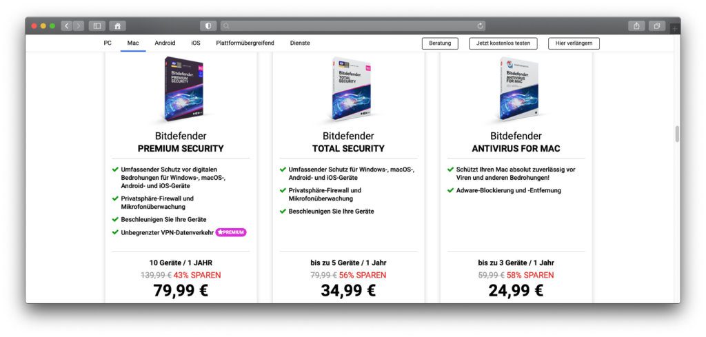 Diese Bitdefender-Pakete gibt es für macOS am Apple Mac. Zudem gibt es Kaufversionen für andere Betriebssysteme mit Antivirus, Anti-Ransomware, Phishing-Schutz, VPN und dergleichen mehr.