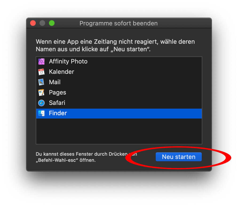 Sofort beenden – Das ist die Lösung für Mac-Apps die nicht mehr reagieren. Der Finder kann hier neu gestartet werden.