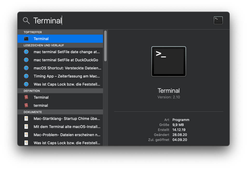 Über Befehlstaste + Leertaste öffnet ihr die Spotlight-Suche und durch die Eingabe von "Terminal" kommt ihr zur Befehlszeile des Mac.