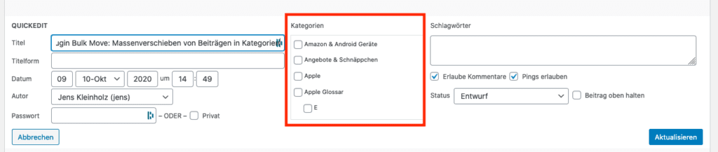 Mit der QuickEdit Funktion von WordPress ist man sehr lange beschäftigt, um über 400 Beträge einer neuen Kategorie zuzuordnen.